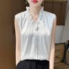 2025 Nuevo Estilo de Verano Satén Francés Dobladillo de Oreja Cuello en V Sin Mangas Cárdigan Chaleco Color Puro Suelto Camisa Top
