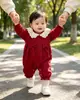 Body Nuevo para Bebé Niña Primavera y Otoño Color Rojo Vino Cuello con Adorno de Encaje Mameluco con Lazo Traje para Gateo al Aire Libre de Manga Larga para Primer Cumpleaños