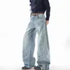 Jeans de estilo americano lavados con rayas laterales y dobladillo curvo para hombre y mujer, pantalones casuales de otoño elegantes, desgastados, de pierna ancha, corte holgado, ligeramente acampanados, largos