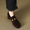 Mocasines franceses Ju Good Wear para mujer, primavera y otoño, con diamantes de imitación, punta redonda, tacón medio, tacón grueso, piel esmerilada, gamuza profunda, zapatos individuales para mujer