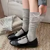 Calcetines de Pantorrilla con Rayas Verticales y Lazo de Cinta Estilo Ballet Jk para Mujer 2026 Verano Serie Miu Calcetines Lolita Caídos