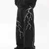 Jeans Lavado com Padrão de Raio Bordado Estilo Retro Americano de Nicho para Homens e Mulheres, Calças Casuais Retas Largas Hip-Hop de Rua