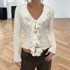 Bai Fen Zhi YiTikTok 2026 Novo Estilo Coreano Cor Sólida Suave Manga Longa com Renda e Cadarço Decote V Camiseta