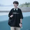 Camiseta Regular de Ombro Azul Marinho Retrô Japonês Marca da Moda Algodão Puro Manga Curta Verão Masculino Estilo Americano Meia-Manga
