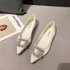 Sapatos femininos 2026 novo estilo para todas as estações, sapatos femininos estilo francês para primavera e outono, bico fino, sola macia, com fivela quadrada de strass, bico fino elegante