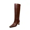 Botas de cuero tipo caballero para mujer, botas altas de tubo largo, nuevo estilo otoño e invierno, botas hasta la rodilla sin cordones de tacón alto y punta cuadrada de cuero genuino, botas rectas para mujer