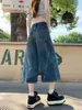 Jeans cortos de diseño petite estilo americano con retazos para mujer, nuevos pantalones rectos de pierna ancha, sueltos, de longitud media para la calle en verano
