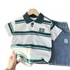 2025 Estilo Coreano Verão Novo Roupa Infantil Moda Masculina Infantil Camisa Polo Listrada Manga Curta Top com Lapela
