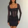 Comercio Exterior Ropa Europea y Americana para Mujer Cuello Cuadrado Manga Larga Malla Encaje Sexy Transparente Ballenas Fruncido Bodycon Ceñido a la Cadera Vestido Mujer