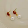 Pendientes Retro de Ágata Roja Natural para Mujer, Lujo Ligero, Modernos, Simples y Elegantes Pendientes de Perla