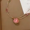 Collar de Flor Real Rosa con Cuentas Checas de Doble Capa Estilo Primavera, Collar Vintage, Gargantilla en Capas, Cadena Fresca para Clavícula