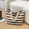 Bolsa de Praia com Alça de Algodão Listrada, Bolsa de Ombro para o Dia a Dia, Bolsa Feminina, Bolsa Tote de Grande Capacidade, Bolsa de Lona Casual