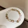Pulsera Única de Diseñador con Perlas de Piedra Natural Rosa Puff Lichi Rosa, Joyería Elástica Apilable Estilo Dharma