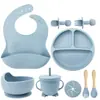 Conjunto de Louça de Silicone Infantil Transfronteiriço Babador Prato Tigela Colher Garfo Copo de Água Copo com Canudo Conjunto de 8 Peças