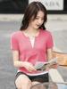 Camiseta de verano para mujer, de manga corta, con escote en V y dos botones falsos, estilo coreano, color rojo sandía dulce, cintura alta