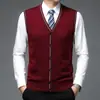 Colete de Lã Outono e Inverno Masculino Meia-Idade Gola V Cardigã Tricotado Pura Caxemira Base Camisa Suéter de Pai