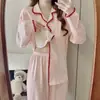 Cardigan de Outono com Gola Lapela de Algodão de Alta Densidade, Manga Longa, Calça Longa, Pijama Feminino para Casa com Bojos, Roupa de Casa Fofa, Transfronteiriça