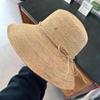 Sombrero de Paja Lafite de Punto de Color Japonés para Mujer de Ala Ancha Protector Solar Combinable Estilo Vacacional Sombrero de Pescador de Paja Hecho a Mano para Mujer