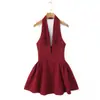 Vestido Corto Transfronterizo de Corte Ajustado, Espalda Descubierta con Cuello Halter, Escote en V Profundo Calado, Único Vestido Mini de Línea A Plisado Estilo Francés