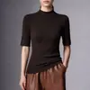 Camiseta de malha base gola alta 100% imitação de lã pura para mulheres, manga média, padrão espinha de peixe, suéter slim fit, top para camada interna
