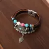 Estilo Étnico Boêmio Estilo Tribal Indiano Retrô Pulseira de Aço Inoxidável Couro Folha Turquesa Pulseira de Couro