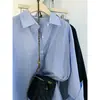 Camisa Retro Francesa Estilo Perezoso Rayas Azules para Mujer Diseño de Primavera y Otoño Sentido de Diseño Nicho Manga Larga Camisa Chaqueta para Vestir en Capas