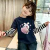 Camiseta de manga larga a rayas con retazos de algodón puro para niñas, top tipo jersey de dibujos animados elegante para primavera y otoño, adecuado para niños mayores