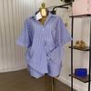 Moda Feminina Transfronteiriça Europeia e Americana Verão 2026 Nova Moda Conjunto de Camisa Solta Listrada Azul e Branca com Shorts de Cintura Alta de Perna Larga