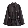 Invierno 2025 Nuevo Transfronterizo Europeo y Americano para Mujer Casual con Cinturón Estilo Camisa Chaqueta de Imitación de Cuero W09 11783