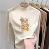 Blusa de fleece dupla face, nova para outono e inverno, gola semi-alta, estampa de desenho animado, casual, camada base, manga longa para meninas, moderna e justa
