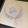 Conjunto vintage de brincos e colar de borla torcida cravejados de diamantes, corrente de clavícula de luxo leve de alta qualidade, estilo palaciano para mulheres