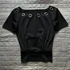 Nueva Camiseta Vintage Blanca Perforada con Botones Estilo Ins Hombros Descubiertos Cintura Ceñida Estilo Coreano y Japonés Minimalista