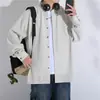 Camisa masculina de manga longa lisa, estilo coreano, simples e elegante, versátil, top japonês moderno de corte solto, peça externa casual