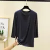 Camiseta Básica de Modal con Cuello Redondo y Manga Tres Cuartos para Mujer Otoño Elástica Sencilla Versátil Moda Pulóver Top