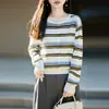 Cardigan de Tricô Gola Redonda Lã Fina Outono/Inverno 2026 Manga Longa Feminino Vazado Blusa Solta Color Block Listrada