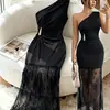 Vestido de verão feminino transfronteiriço Amazon AliExpress, de um ombro só, com retalhos de renda, cintura marcada franzida, sem mangas