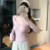 Suave jersey de punto fino acanalado de manga larga ajustado para mujer, otoño e invierno, cuello en U, estilo coreano puro y deseable, rosa