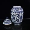 Artesanías de Cerámica Vestida Antigua Patrón de Tallo de Loto Azul y Blanco Tarro con Tapa Adornos para Sala de Estar Estudio Adornos Antiguos Productos Nuevos