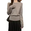 Suéter de Punto de Manga Larga de Color Sólido con Cuello Redondo Estilo Coreano para Mujer Andy Terciopelo Otoño/Invierno Ajuste Delgado Capa Base Top Casual Versátil