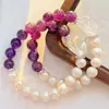 Pulsera Pulsera de Contraste de Perla de Agua Dulce Natural Vintage Guofeng de 9-10 mm, Amatista Natural y Cristal Blanco