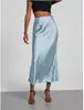 Saia midi de cetim de cintura alta para mulheres, estilo europeu e americano, caimento em acetato, saia sereia justa ao corpo, novo modelo primavera e outono