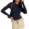 Camisa Casual Feminina Popular Europeia e Americana de Manga Longa para Primavera e Outono Cor Sólida Slim Fit Pulôver Top Roupas de Rua Femininas Camada Base