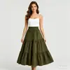 Falda de Estilo Europeo y Americano de Cintura Alta con Cordón Elástico, de Varios Niveles para Mujer, Falda Fluida de Línea A de Longitud Media, Moda Versátil de Color Sólido