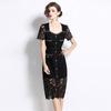 Estilo Francés Transfronterizo Fragante Vestido de Mujer Verano Resistente Diamantes de Pedrería Cuello Cuadrado Ajustado Adelgazante Encaje Hidrosoluble