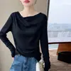 Blusa base feminina da moda, lã, outono/inverno, cor sólida, manga longa, novo estilo 2026, tricotada com decote de um ombro