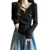 Talla Grande para Mujer Estilo Otoño MM Gordita Favorecedora Camiseta de Manga Larga Irregular con Hombro Recto Top Reductor de Cintura y Adelgazante Capa Base Chic