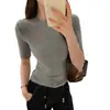 Nuevo estilo de otoño temprano para mujer, top de manga media, camiseta ajustada para mujeres petite, top favorecedor y elegante