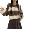 Suéter para Mulheres, Tricô Solto Retrô, Nova Roupa Feminina Outono e Inverno, Design de Costura em Cores Contrastantes, Pelo Sintético de Visão, Listras Macias e Sedosas