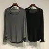 Top de color liso con cuello en V para mujer 2023 Nuevo holgado con caída sensación perezosa cubre trasero de manga larga a mitad de longitud camiseta interior para mujer