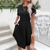 Vestido Bai Fen Zhi Yi Estilo Europeu e Americano, Doce e Simples Cruzado Gola Redonda Renda Pétala Manga Curta Vestido Camiseta Preto